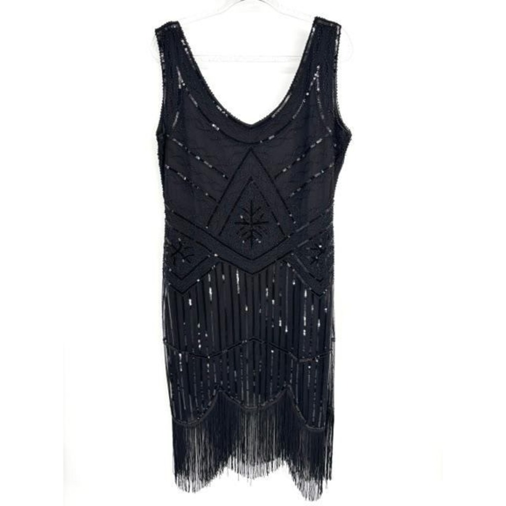Black‎ Sequin Flapper Dress Art Deco Gatsby Fringe Cocktail Party Sleeveless 2X
